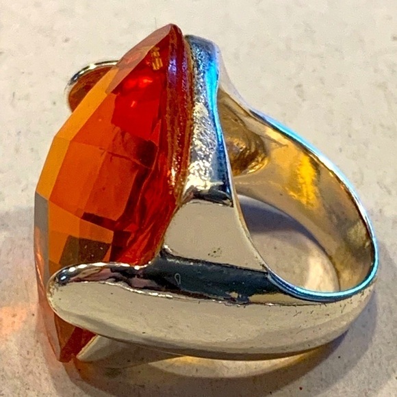 Large Orange Cushion Quartz Ring Checkerboard Faceted - Picture 2 of 9